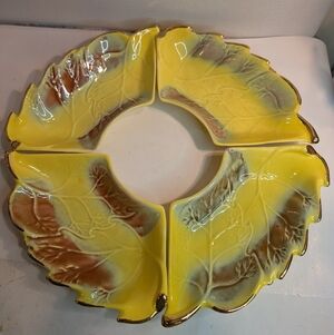 A California Pottery chip and dip server set, MCM. Central Bowl Missing.